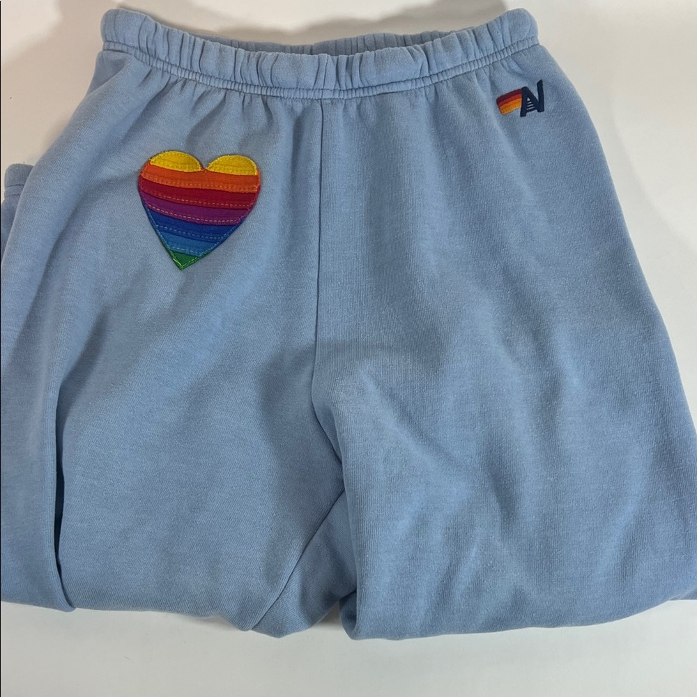 Aviator Nation Kids Light Blue Sweatpants with Rainbow Heart